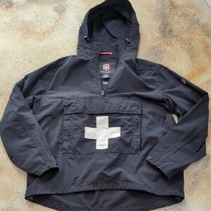 Victorinox | Vintage Black 3/4 Zip Hooded Raincoat with White Emblem Size L